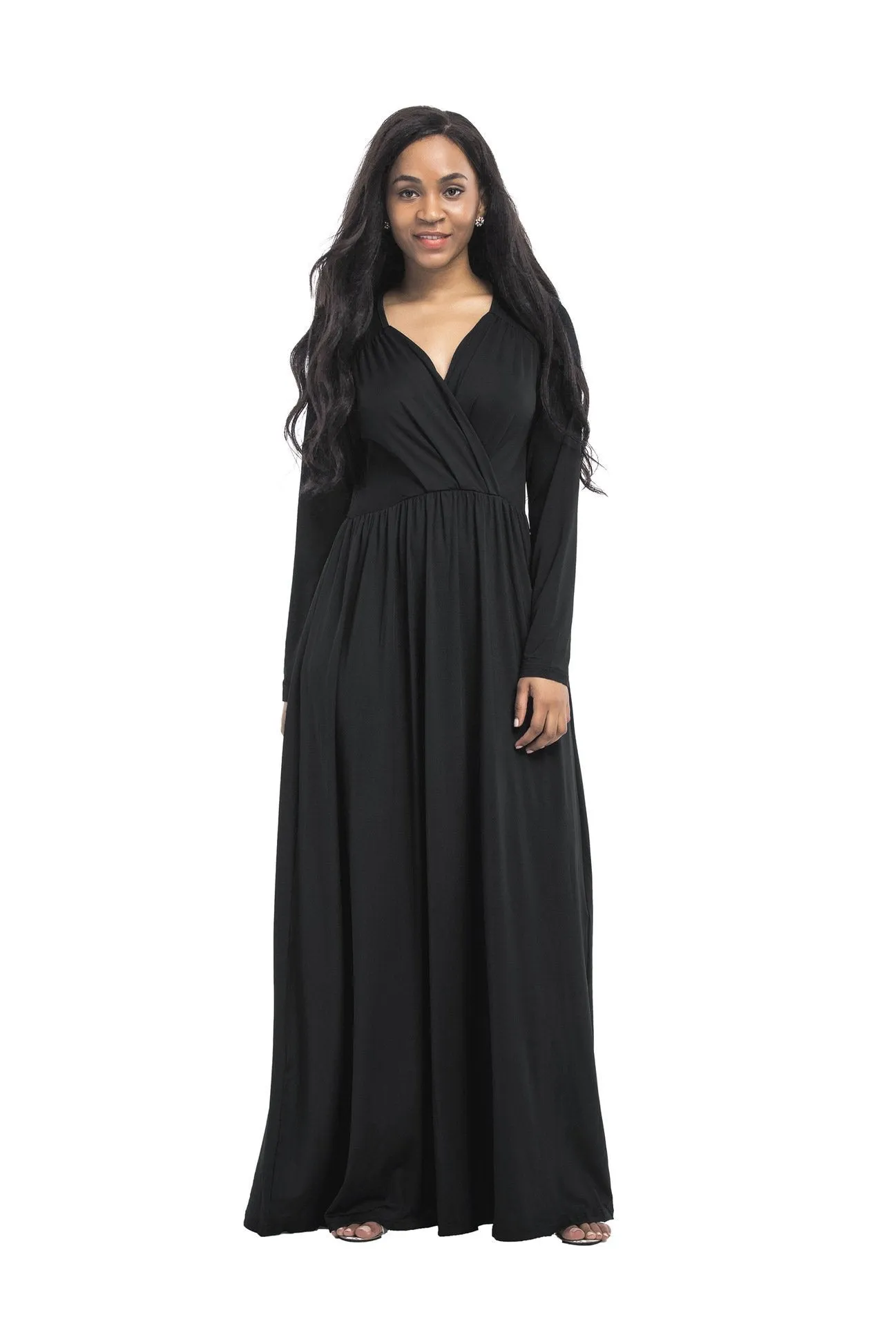 New plus size evening dress sexy big size deep V solid color long-sleeved dress