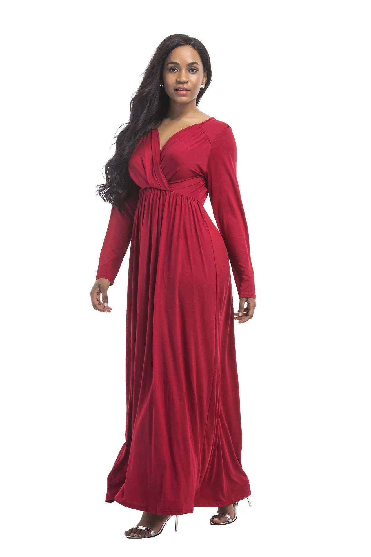 New plus size evening dress sexy big size deep V solid color long-sleeved dress