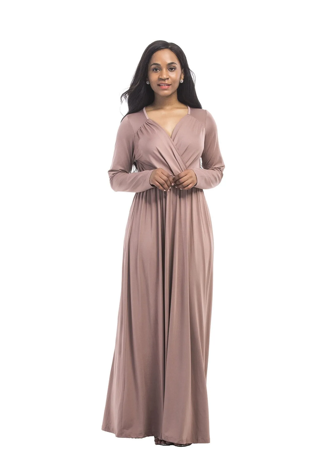 New plus size evening dress sexy big size deep V solid color long-sleeved dress