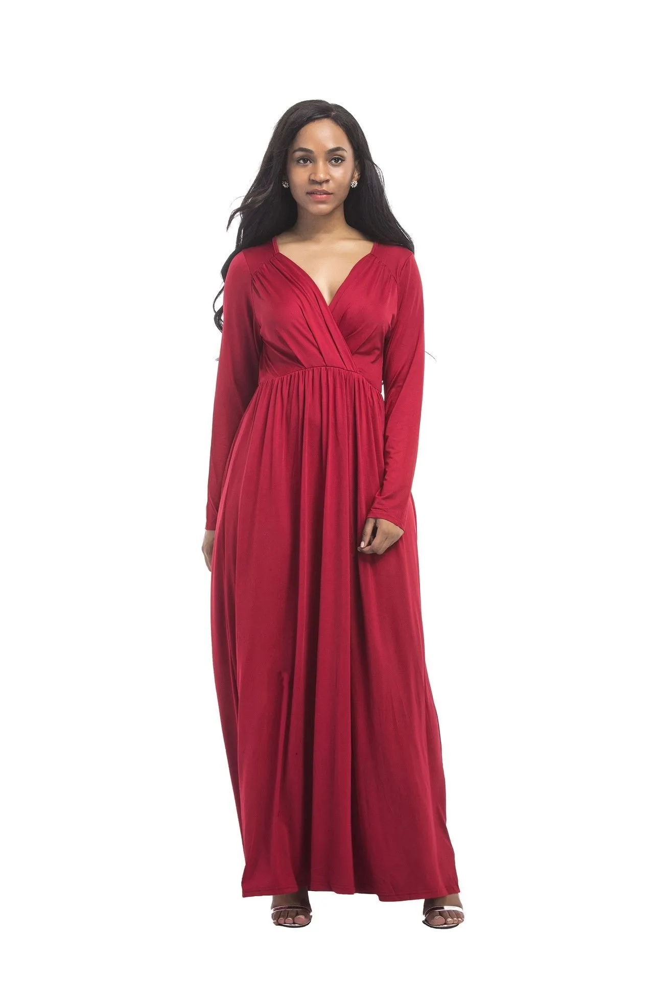 New plus size evening dress sexy big size deep V solid color long-sleeved dress