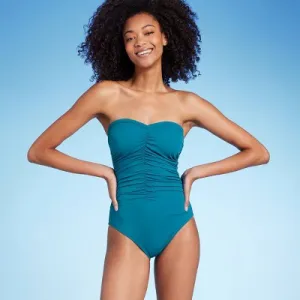 New - Shade & Shore Women's Shirred Bandeau One Piece Swimsuit Full Coverage