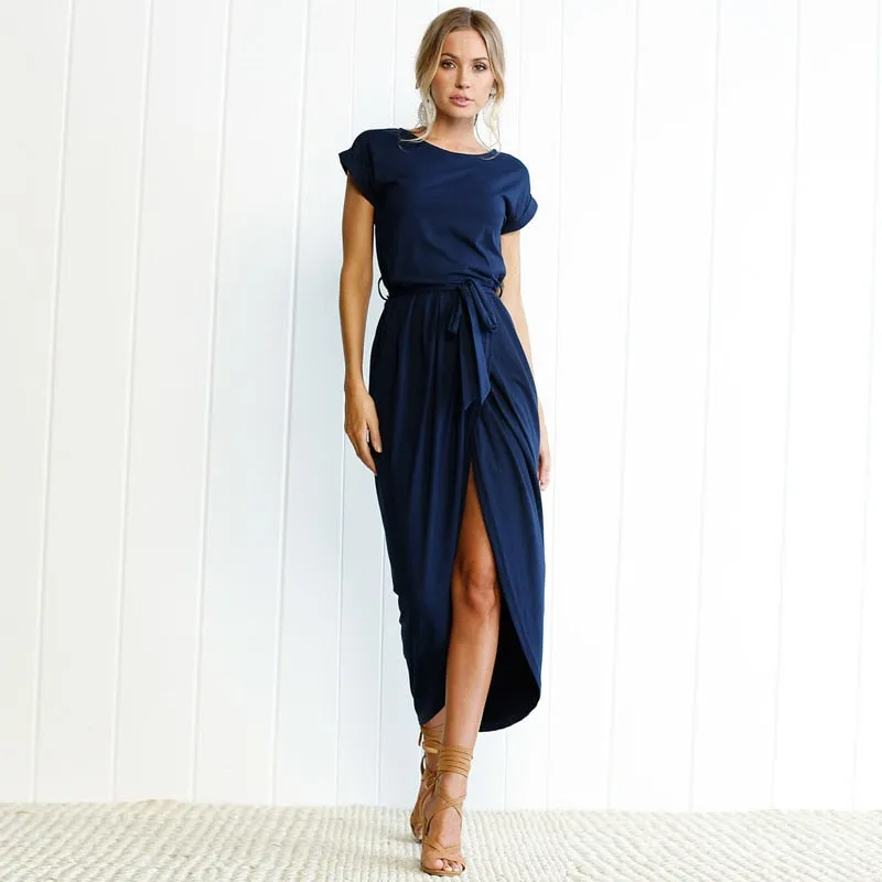 New Spring Fashion Elegant Dress Oversized Women Clothing Casual Short Sleeve O-Neck Blue Dress Loose Split Irregular Dress