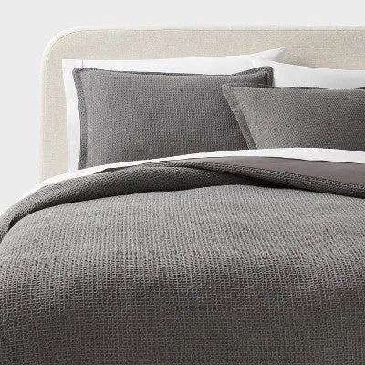 New - Twin/Twin Extra Long Washed Waffle Weave Duvet Cover and Sham Set Dark Gray - Threshold