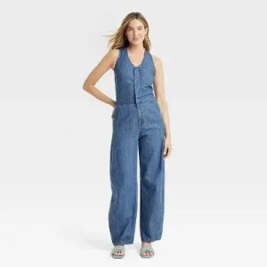 New - Universal Thread Women's Curved Leg Jeans Denim Jumpsuit Overalls, Medium Wash