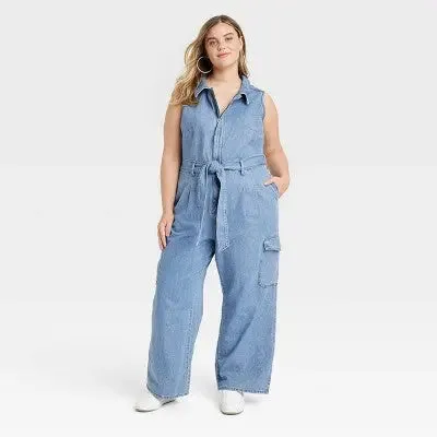 New - Universal Thread Women's Denim Cargo Jumpsuit Sleeveless Overalls Belt Loop