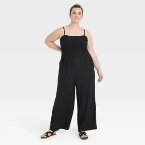 New - Universal Thread Women's Smocked Linen Maxi Jumpsuit Soft Fleece Straight Leg