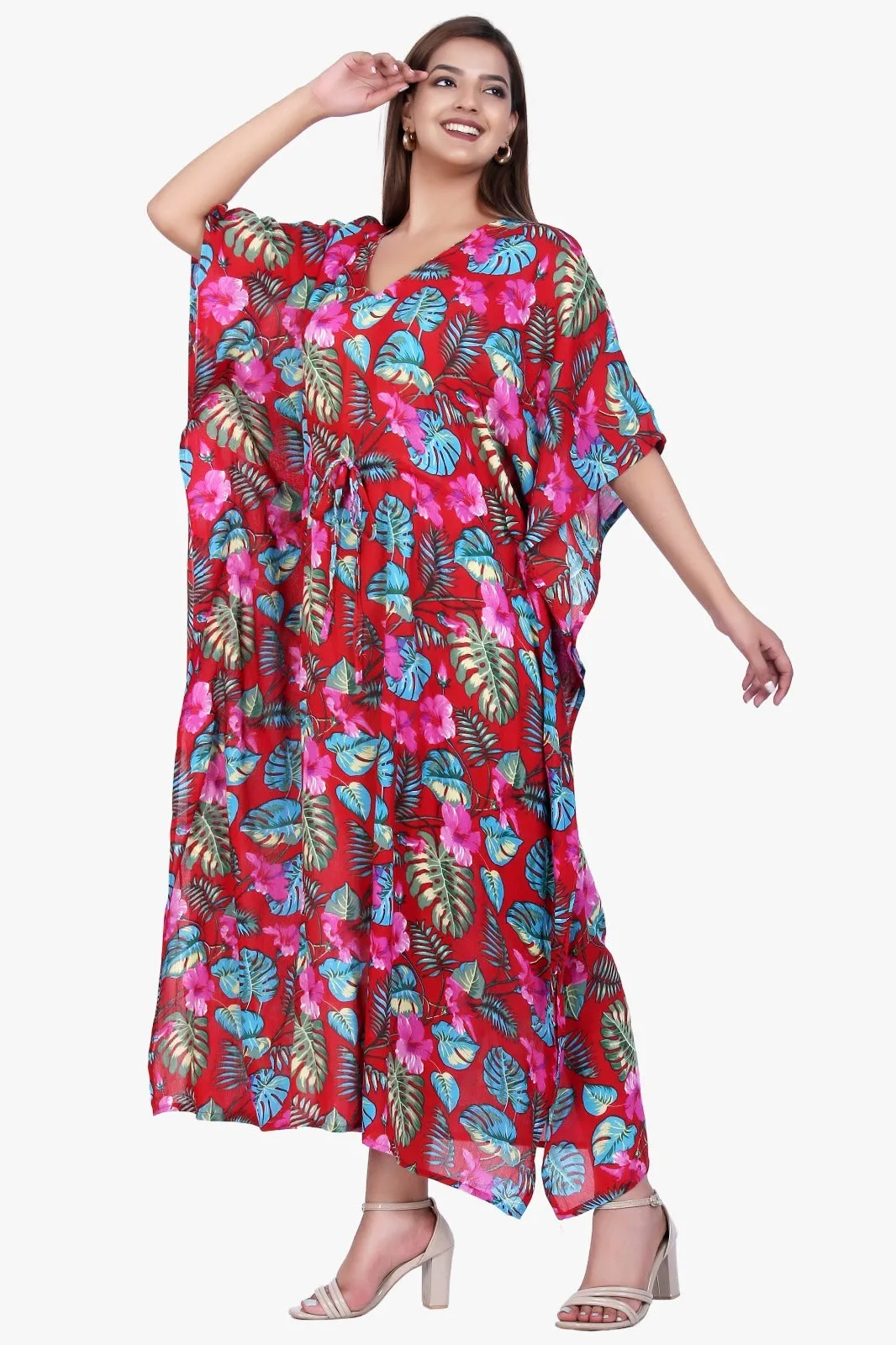 New Women Floral Print Rayon Kaftan Dress Holiday Plus Size Summer Kaftan V Neck Free Size