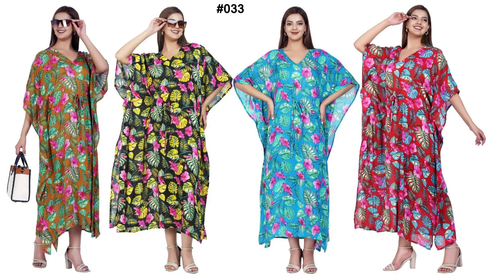 New Women Floral Print Rayon Kaftan Dress Holiday Plus Size Summer Kaftan V Neck Free Size