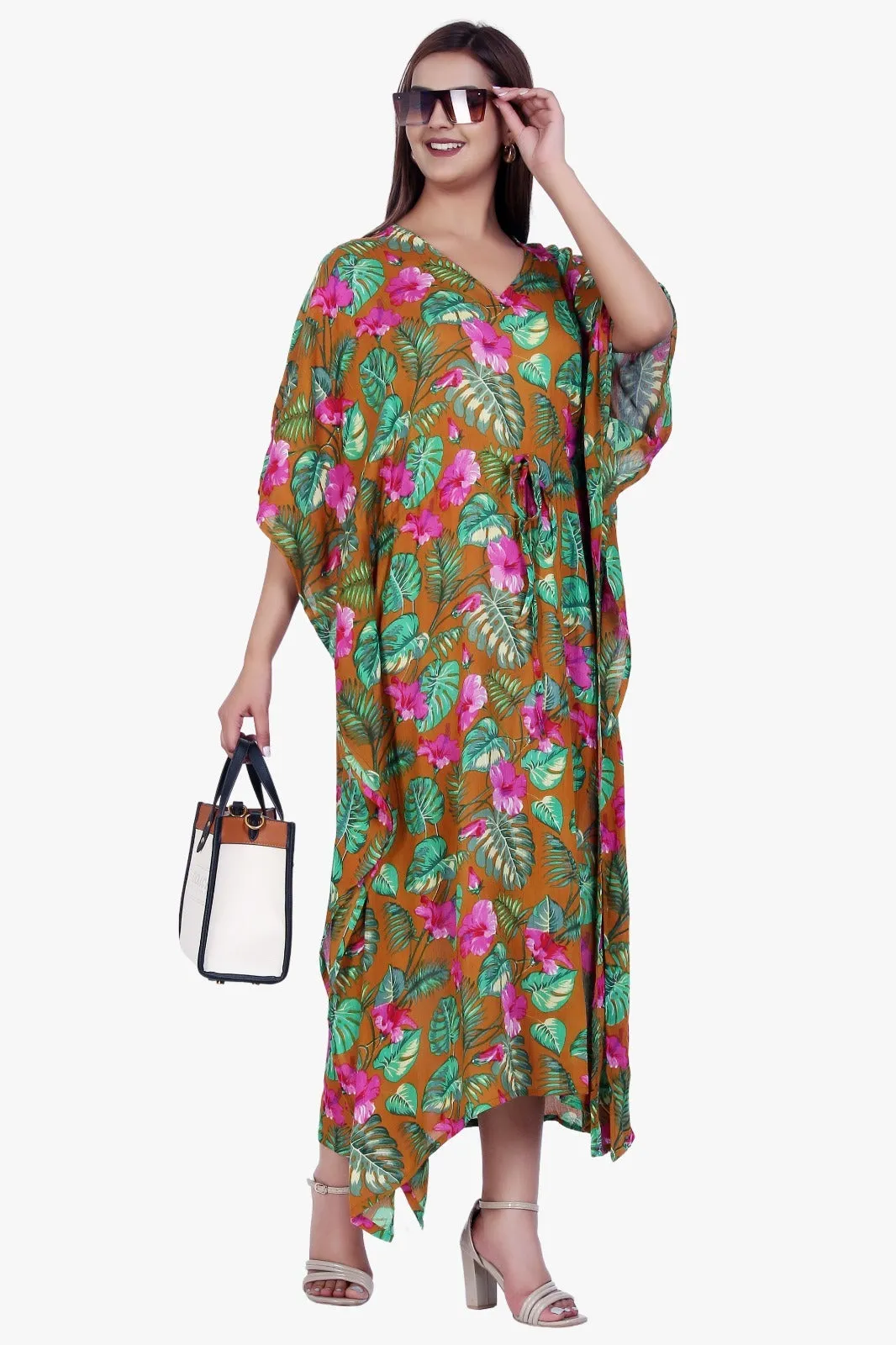 New Women Floral Print Rayon Kaftan Dress Holiday Plus Size Summer Kaftan V Neck Free Size