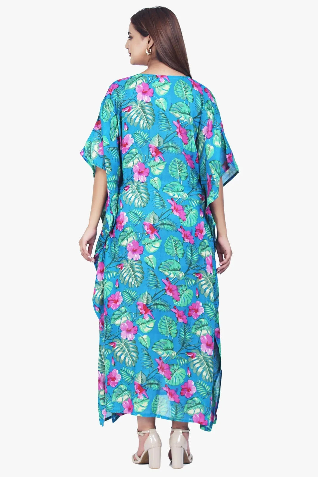 New Women Floral Print Rayon Kaftan Dress Holiday Plus Size Summer Kaftan V Neck Free Size