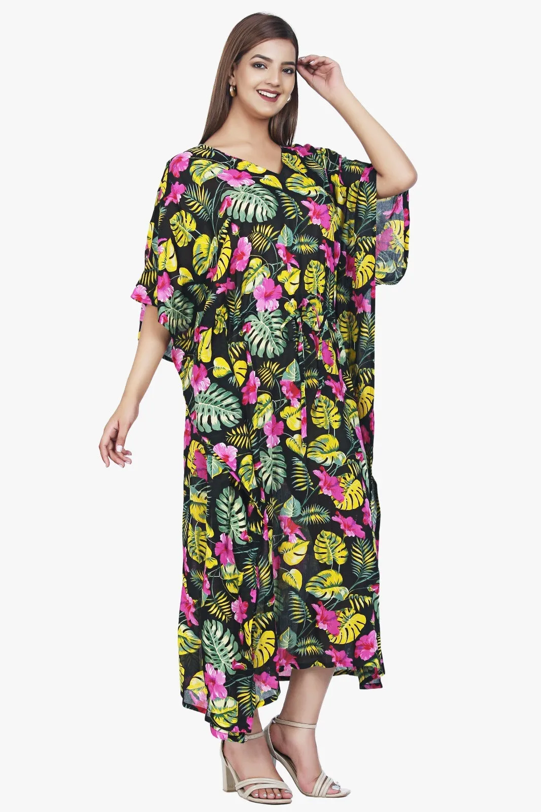 New Women Floral Print Rayon Kaftan Dress Holiday Plus Size Summer Kaftan V Neck Free Size