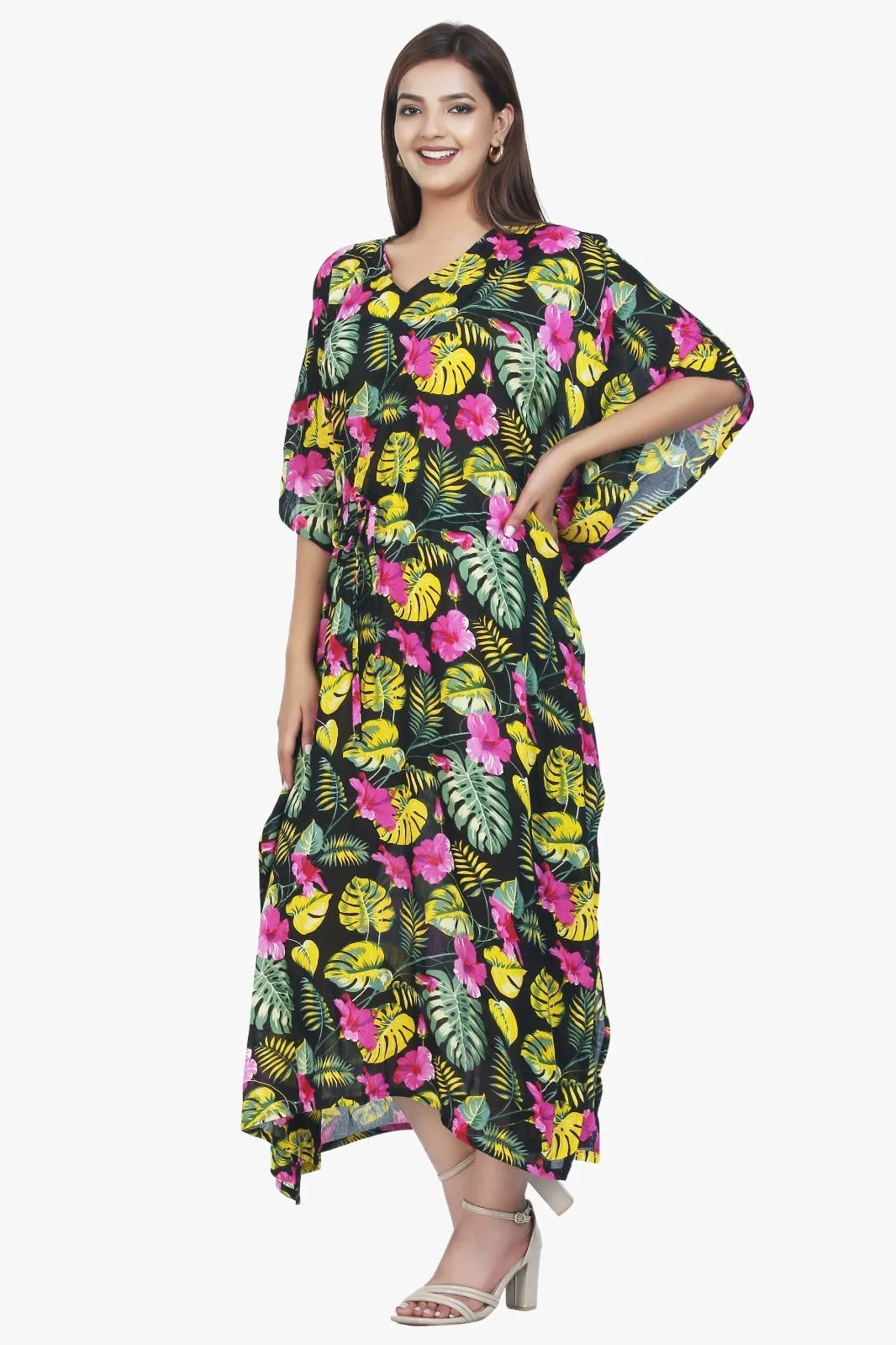 New Women Floral Print Rayon Kaftan Dress Holiday Plus Size Summer Kaftan V Neck Free Size