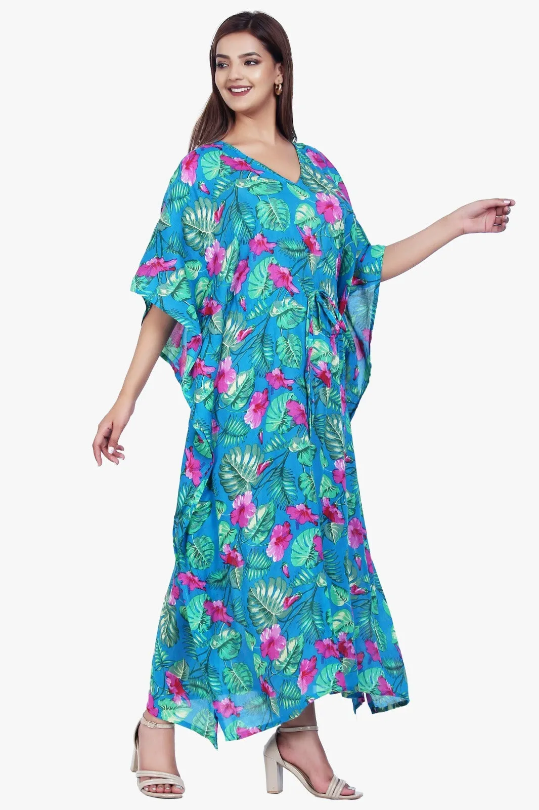 New Women Floral Print Rayon Kaftan Dress Holiday Plus Size Summer Kaftan V Neck Free Size