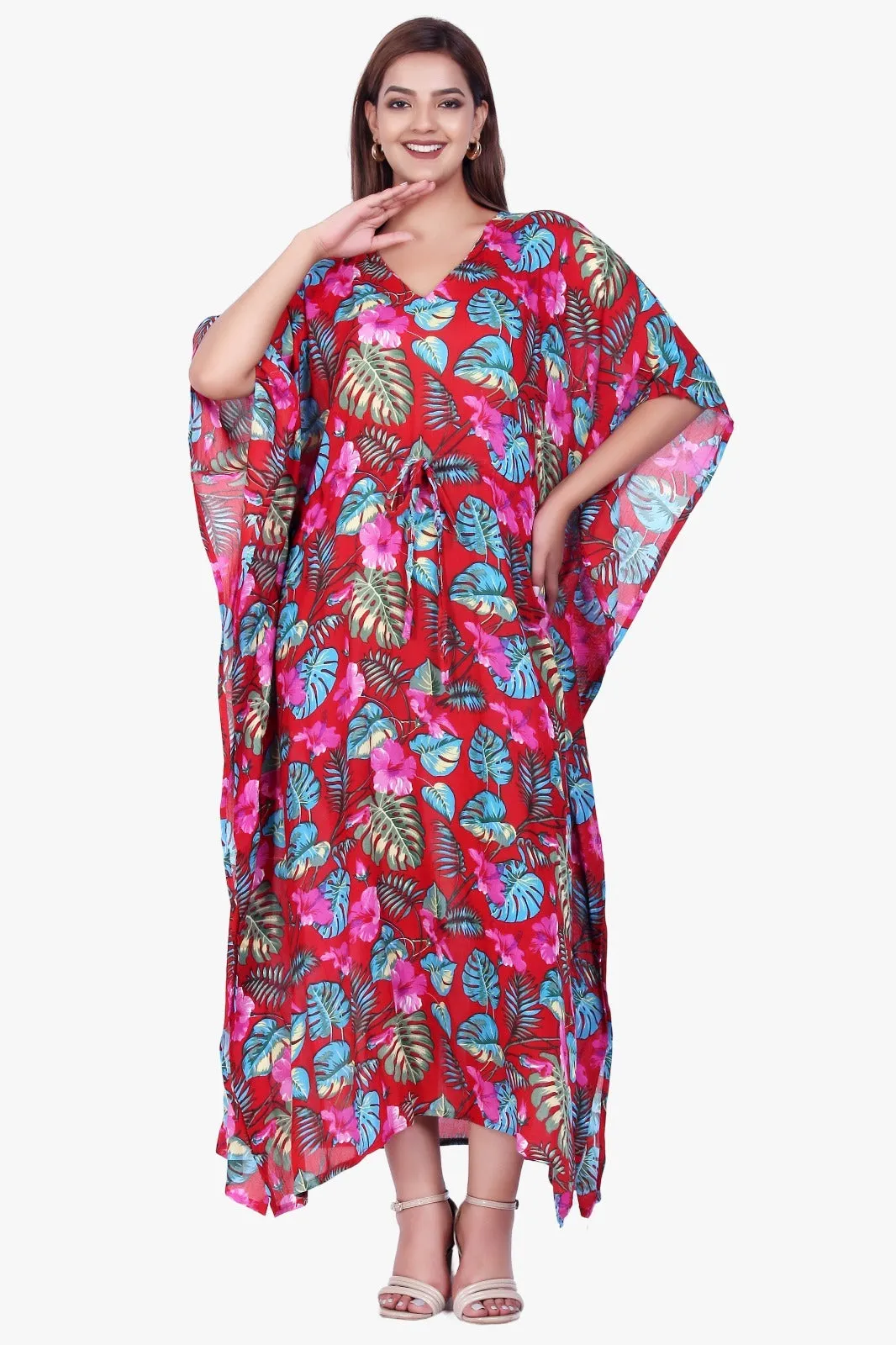 New Women Floral Print Rayon Kaftan Dress Holiday Plus Size Summer Kaftan V Neck Free Size