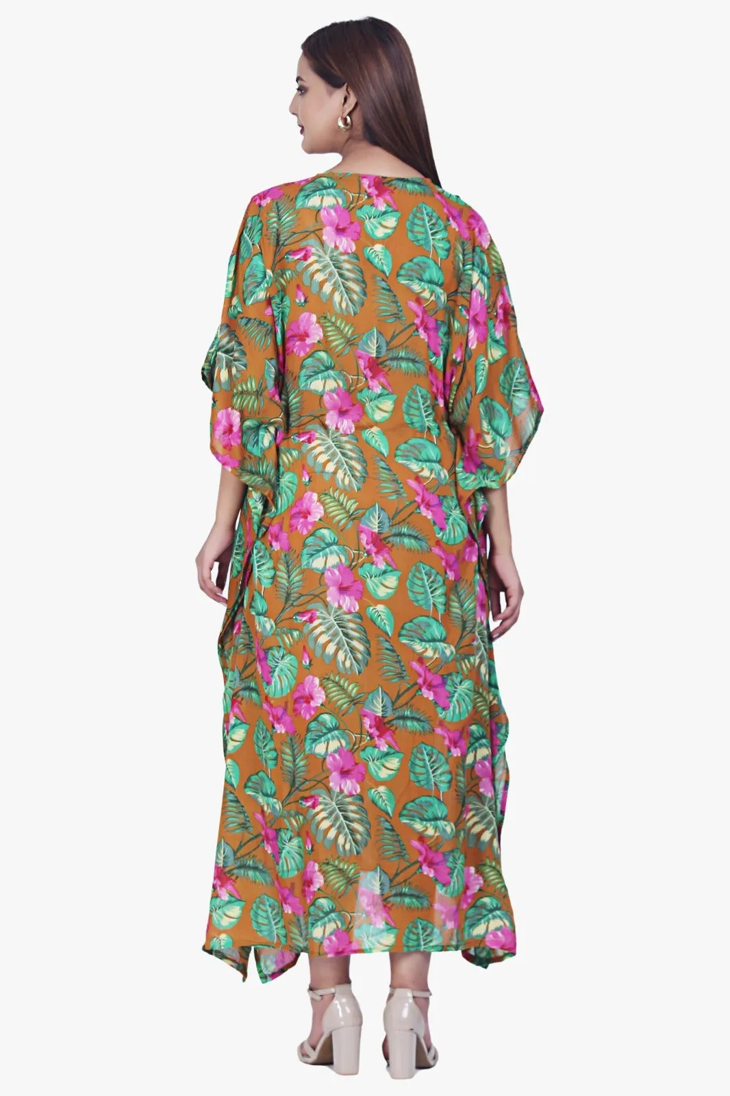 New Women Floral Print Rayon Kaftan Dress Holiday Plus Size Summer Kaftan V Neck Free Size