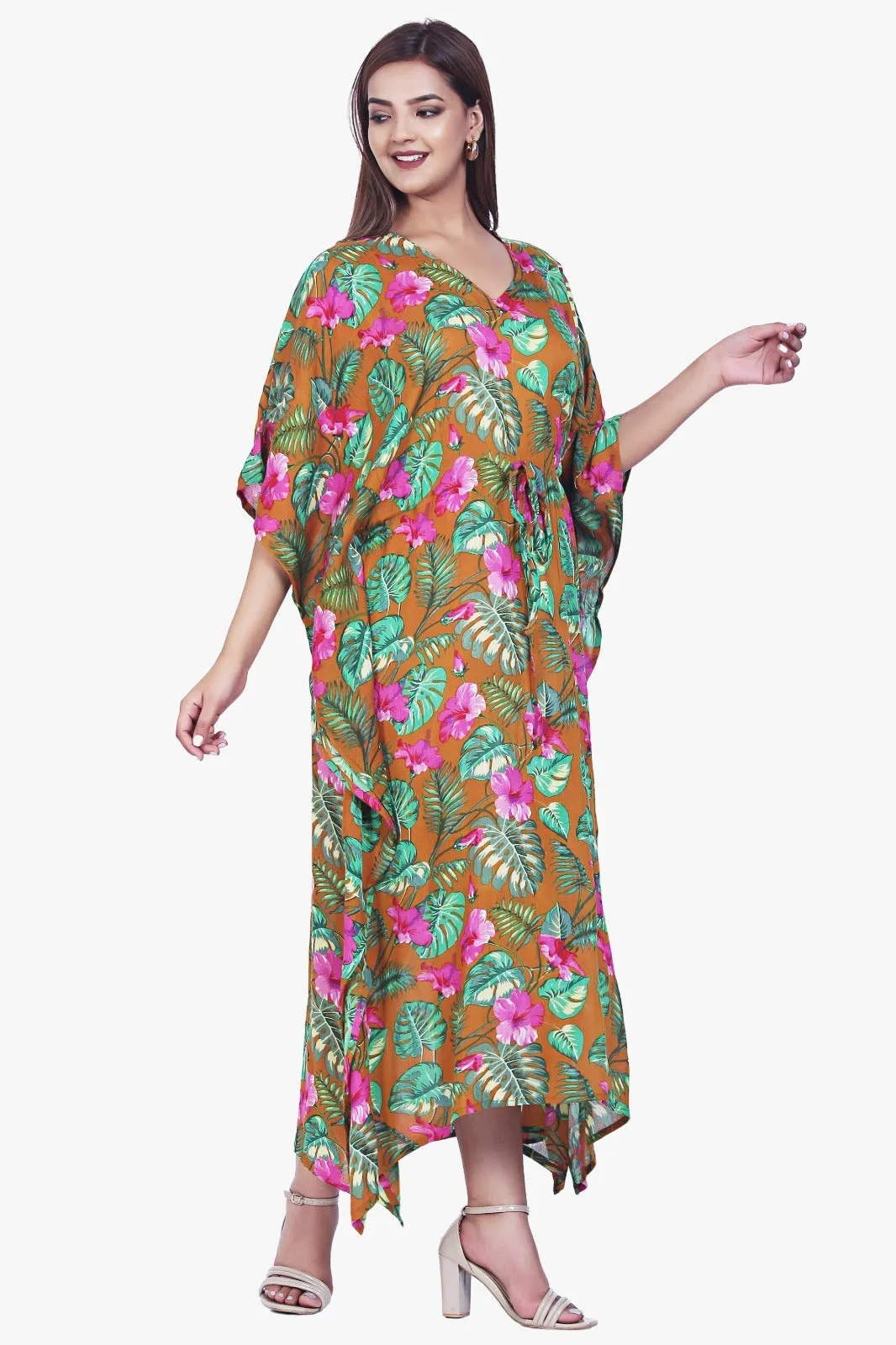 New Women Floral Print Rayon Kaftan Dress Holiday Plus Size Summer Kaftan V Neck Free Size