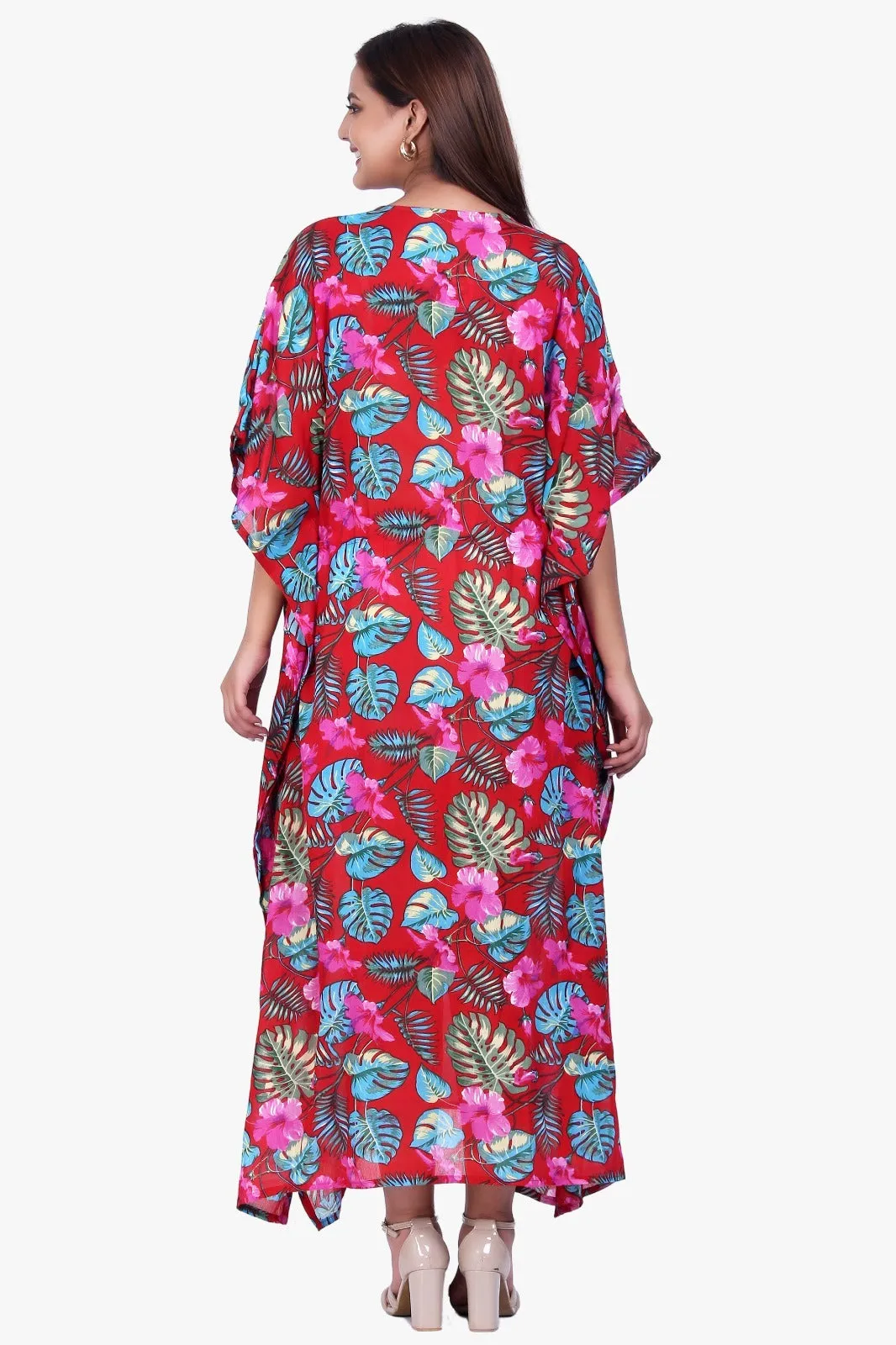 New Women Floral Print Rayon Kaftan Dress Holiday Plus Size Summer Kaftan V Neck Free Size