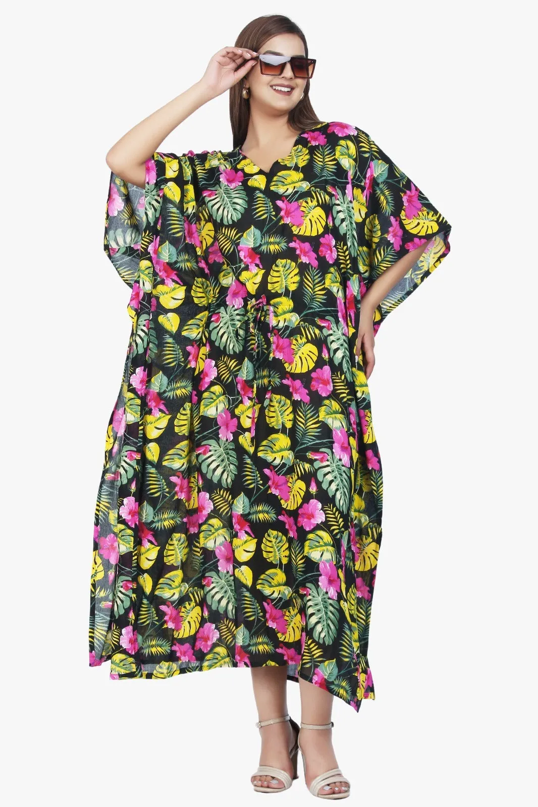 New Women Floral Print Rayon Kaftan Dress Holiday Plus Size Summer Kaftan V Neck Free Size