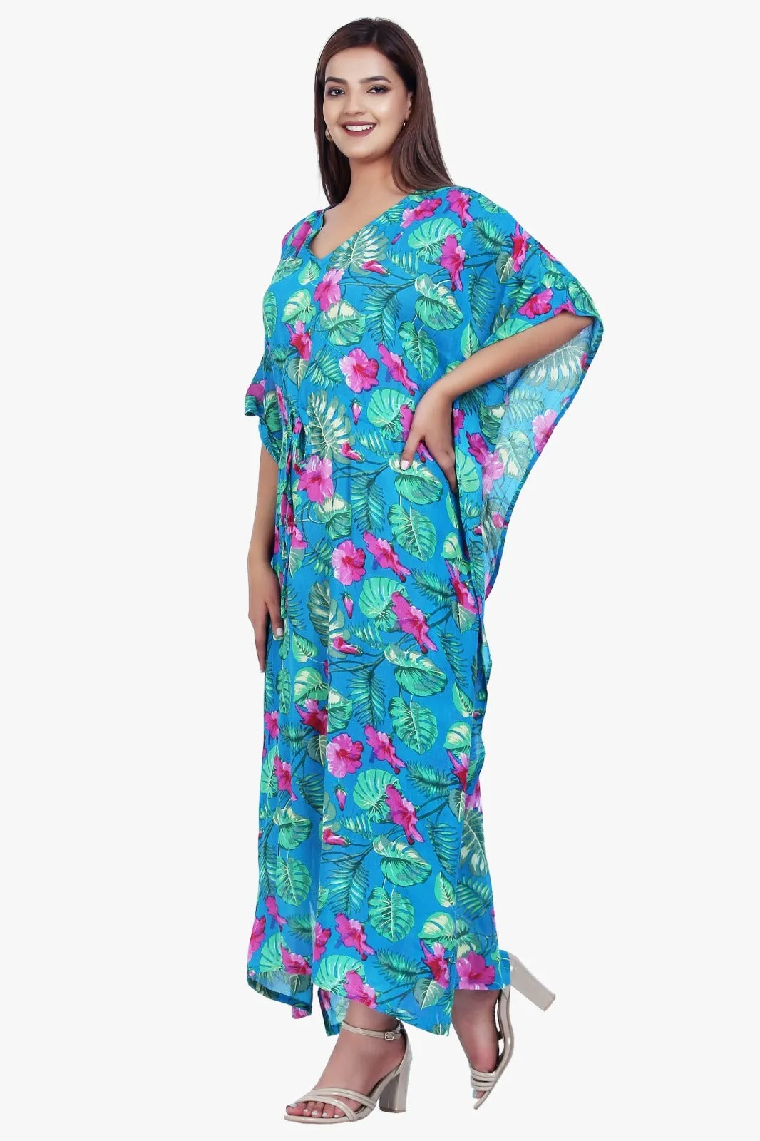 New Women Floral Print Rayon Kaftan Dress Holiday Plus Size Summer Kaftan V Neck Free Size