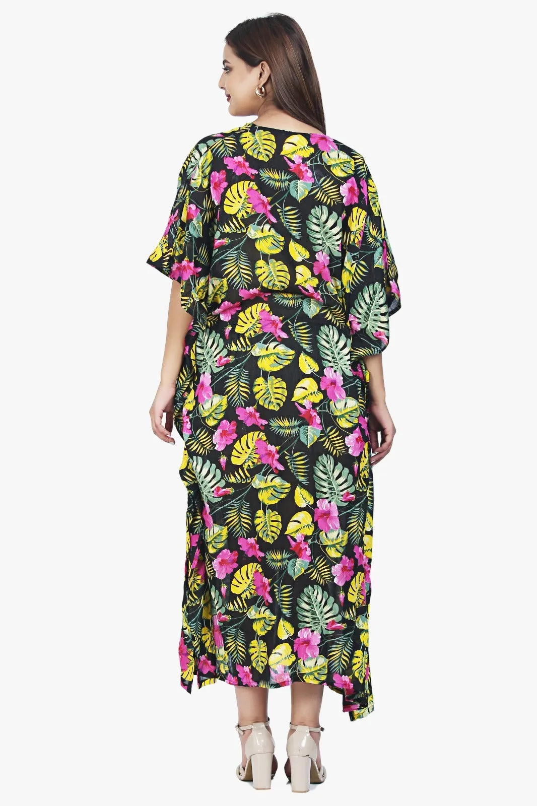 New Women Floral Print Rayon Kaftan Dress Holiday Plus Size Summer Kaftan V Neck Free Size