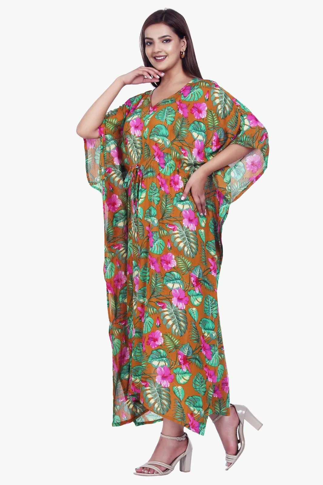 New Women Floral Print Rayon Kaftan Dress Holiday Plus Size Summer Kaftan V Neck Free Size