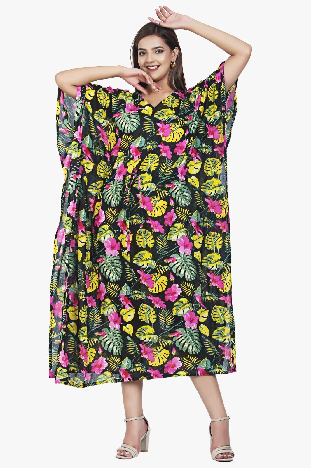 New Women Floral Print Rayon Kaftan Dress Holiday Plus Size Summer Kaftan V Neck Free Size