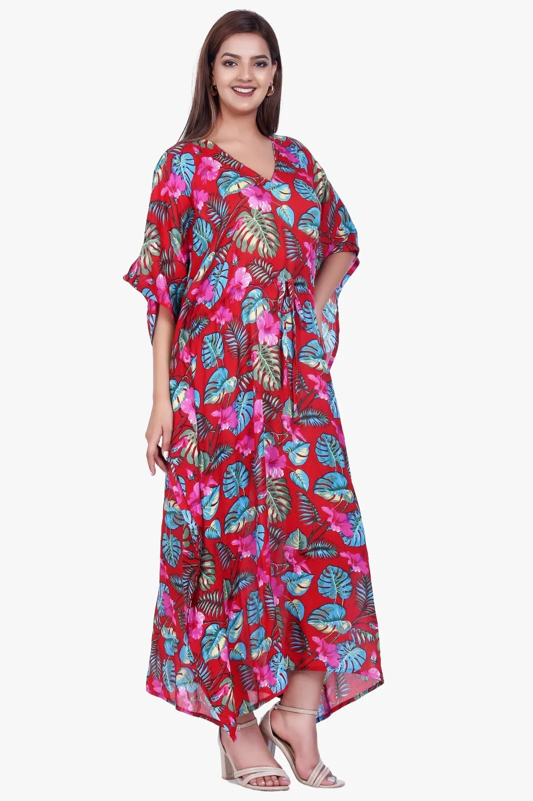 New Women Floral Print Rayon Kaftan Dress Holiday Plus Size Summer Kaftan V Neck Free Size