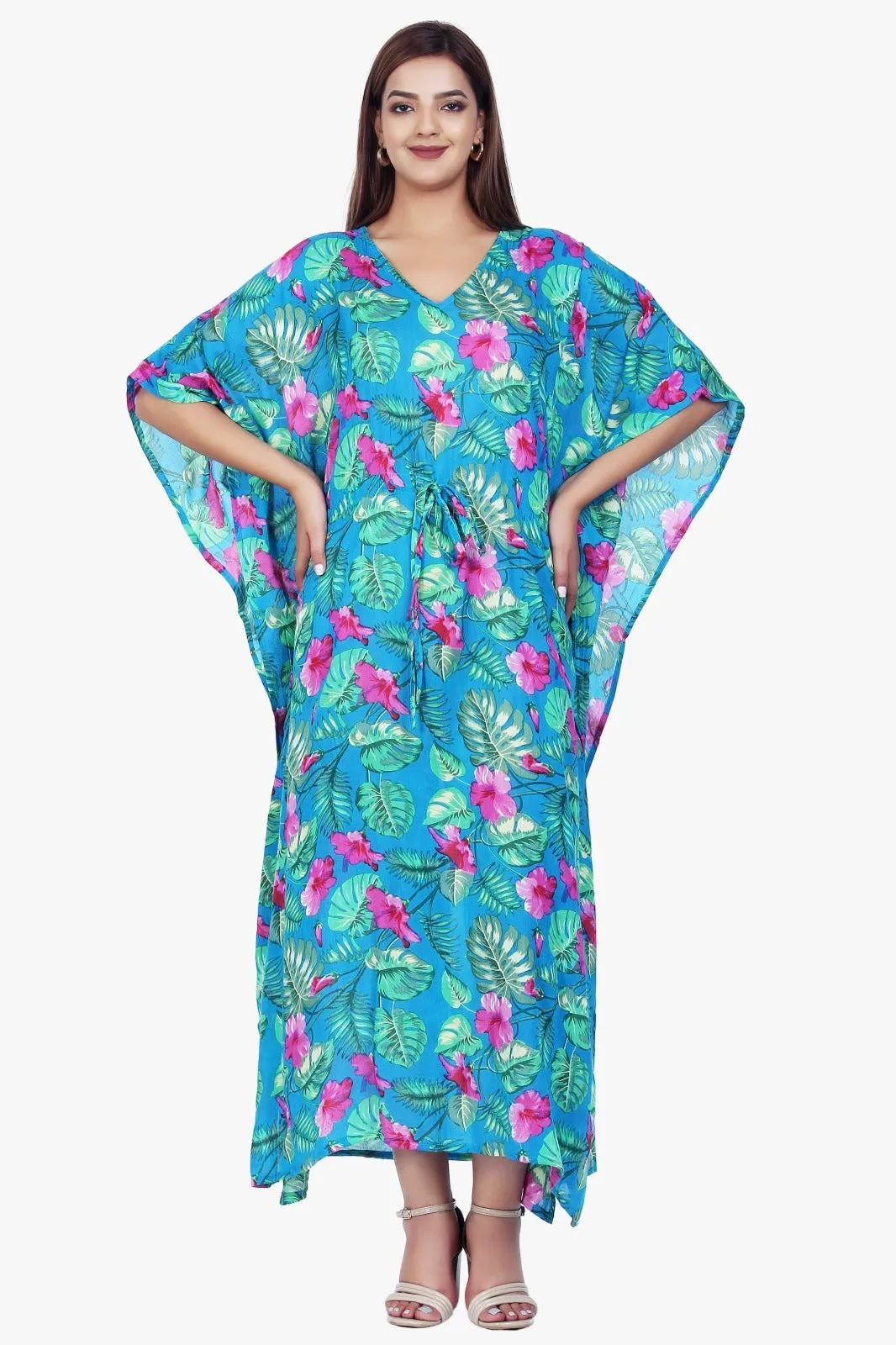 New Women Floral Print Rayon Kaftan Dress Holiday Plus Size Summer Kaftan V Neck Free Size