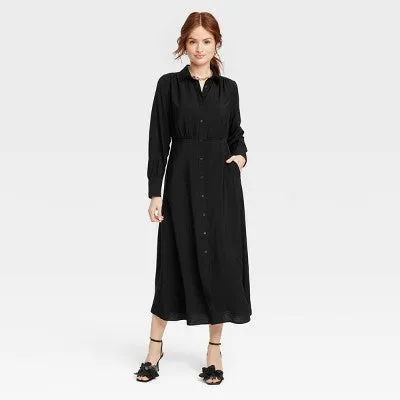 New - Women's Long Sleeve Collared Midi Crepe Shirtdress - A New Day Black S