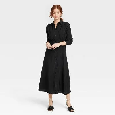 New - Women's Long Sleeve Collared Midi Crepe Shirtdress - A New Day Black S