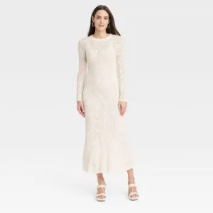 New - Women's Long Sleeve Maxi Pointelle Dress - A New Day Cream S