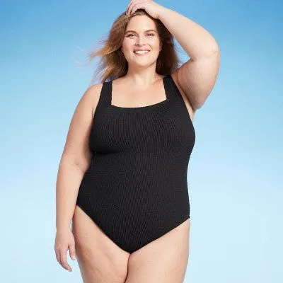 New - Women's Pucker Square Neck One Piece Swimsuit - Kona Sol Black 18