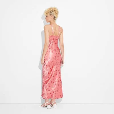 New - Women's Satin Lace Trim Midi Slip Dress - Wild Fable Salmon Pink Floral XXS