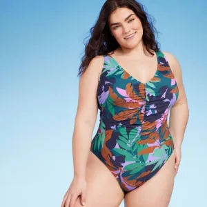 New - Women's Shirred Plunge One Piece Swimsuit - Shade & Shore Multi Floral Print 14