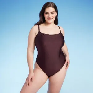 New - Women's Square Neck High Leg Cheeky One Piece Swimsuit - Shade & Shore Brown Shine 16