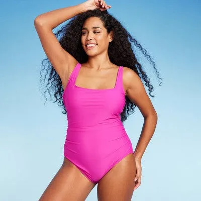 New - Women's Square Neck Medium Coverage One Piece Swimsuit - Shade & Shore Pink M