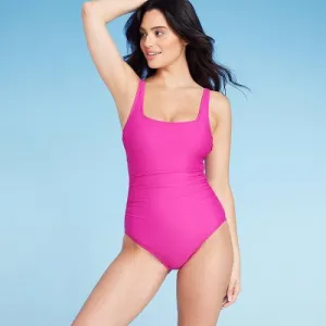 New - Women's Square Neck Medium Coverage One Piece Swimsuit - Shade & Shore Pink M