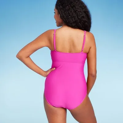 New - Women's Square Neck Medium Coverage One Piece Swimsuit - Shade & Shore Pink M