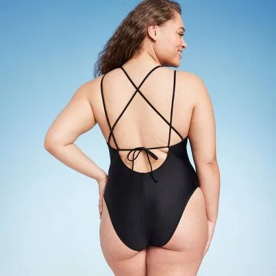 New - Women's Strappy High Leg Cheeky One Piece Swimsuit - Shade & Shore Black S