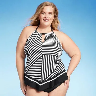 New - Women's Striped High Neck Keyhole Tankini Top - Kona Sol Black 1X