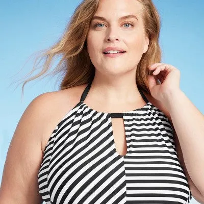 New - Women's Striped High Neck Keyhole Tankini Top - Kona Sol Black 1X