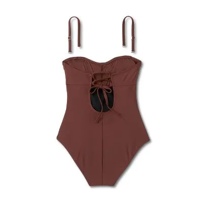 New - Women's Twist-Front Bandeau Classic One Piece Swimsuit - Kona Sol Espresso