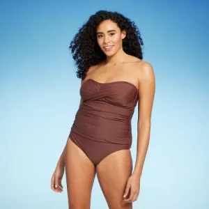 New - Women's Twist-Front Bandeau Classic One Piece Swimsuit - Kona Sol Espresso