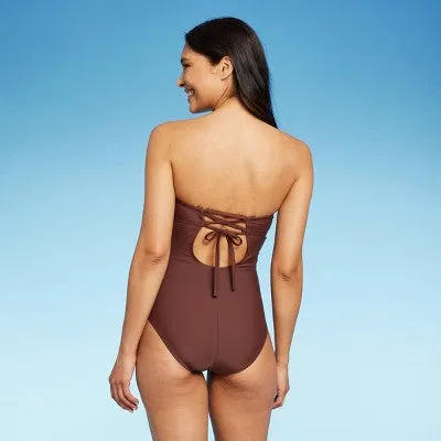 New - Women's Twist-Front Bandeau Classic One Piece Swimsuit - Kona Sol Espresso