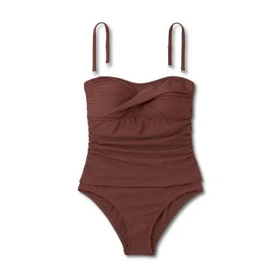 New - Women's Twist-Front Bandeau Classic One Piece Swimsuit - Kona Sol Espresso