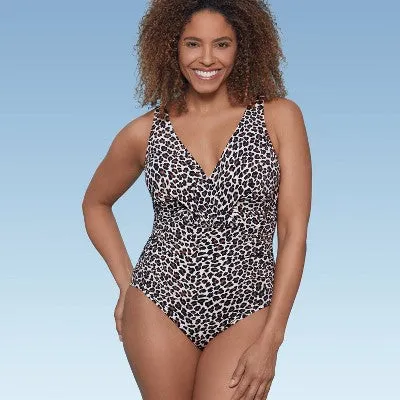 New - Women's UPF 50 V-Neck Ruched One Piece Swimsuit - Shape   Style by Aqua Green