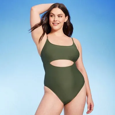 New - Women'sKeyhole One Piece Swimsuit - Shade & Shore Dark Green S: Chic High-Leg