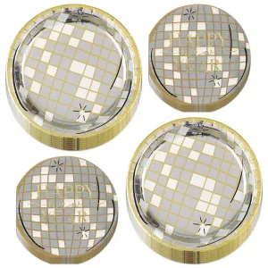 New Year Metallic Silver & Gold Disco Ball-Shaped Paper Plates and Napkins (Serves 16)