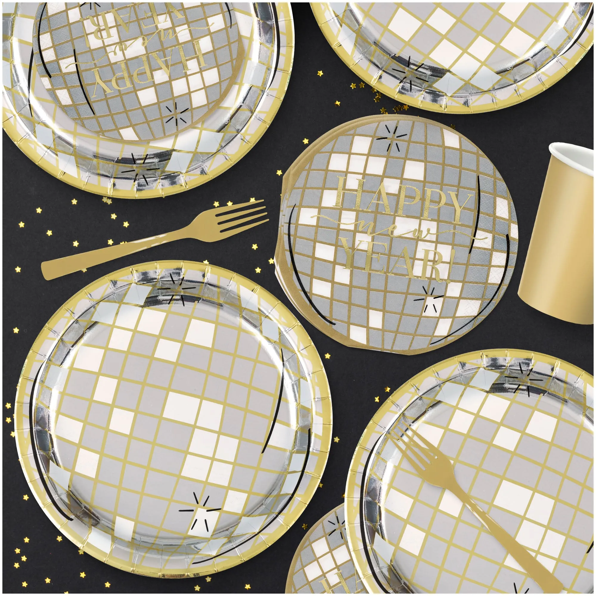 New Year Metallic Silver & Gold Disco Ball-Shaped Paper Plates and Napkins (Serves 16)