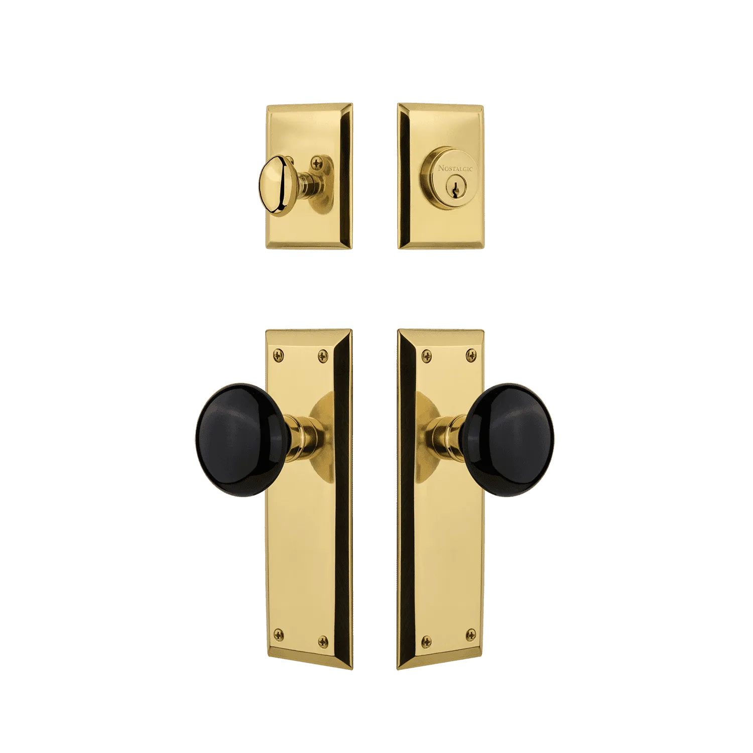 New York Entry Set with Black Porcelain Knob in Polished Brass